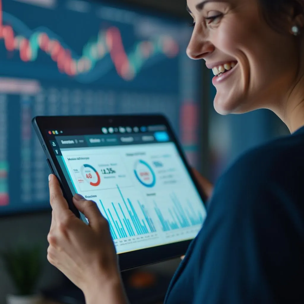 Client satisfait utilisant une application IA sur tablette