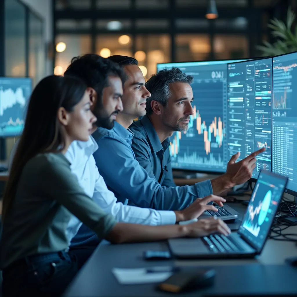 Équipe collaborative discutant de stratégies financières avec des outils IA